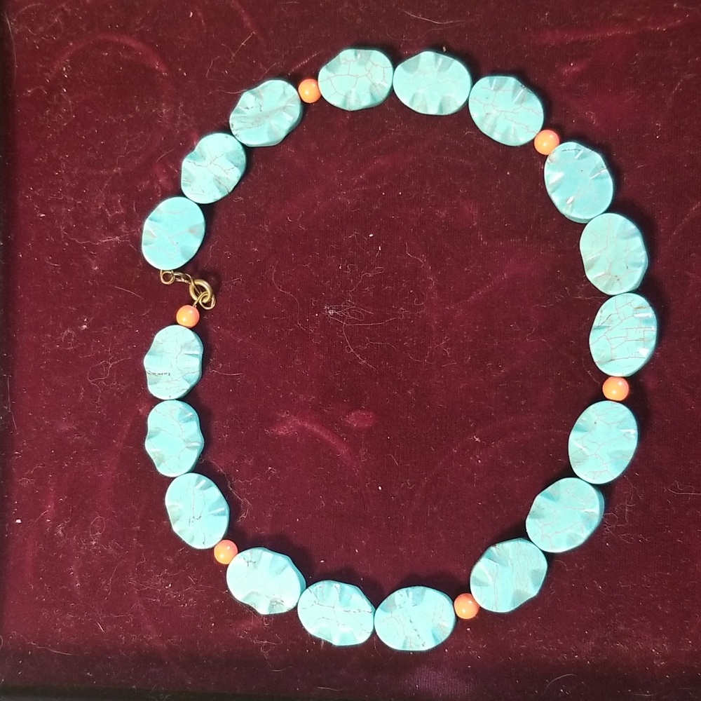 TURQUOUSE & FAUX CORAL 16" Choker Collar style necklace, Handcrafted #56
